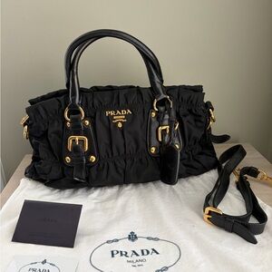 Prada Black Nylon Satchel with Gold Accents